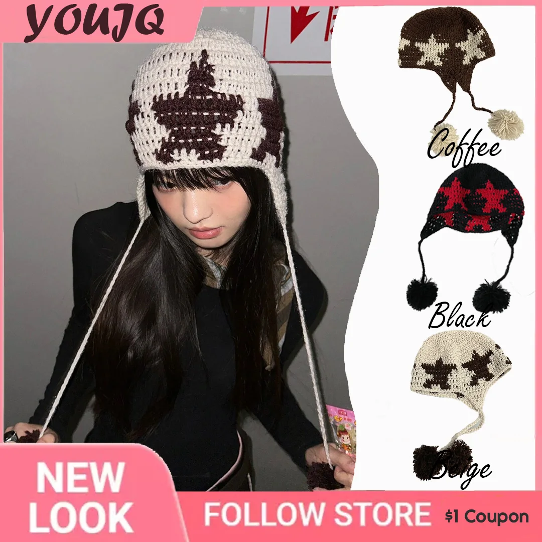 

Y2K Handmade Star Jacquard Pattern Hat Pompoms Knitted Hat Spring Summer Thin Section Hollow Hats for Street Spice Girl Bonnet