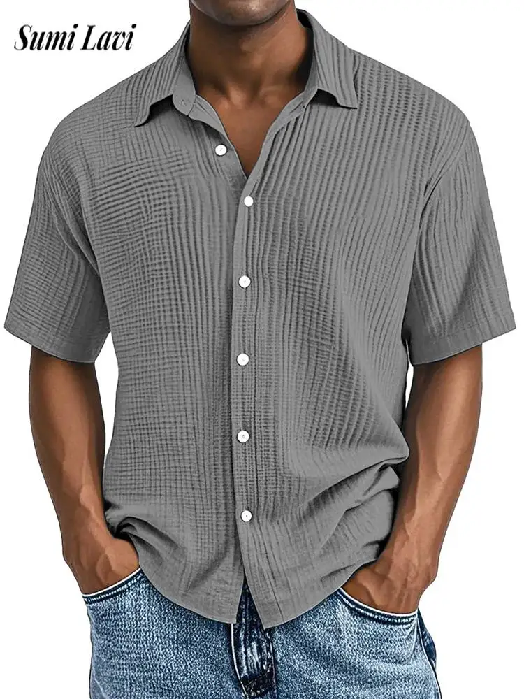 

Seaside Beach New Casual Shirt Men Summer Vintage Turn-down Collar Button-up Pleated Shirt Mens Leisure Short Sleeve Cardigans