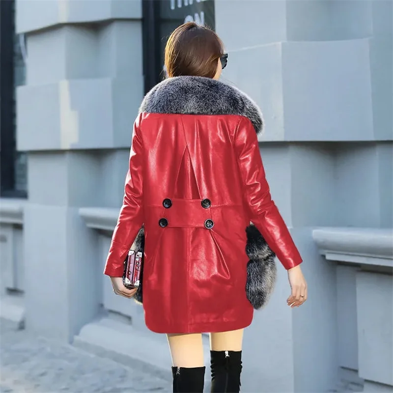 เสื้อแจ็คเก็ตหนังเทียมทรงยาวปานกลางสำหรับผู้หญิง สไตล์เกาหลี แฟชั่นฤดูหนาว ปี 2025 ไซส์ใหญ่พิเศษ 5XL เสื้อกันลมหนังเทียม