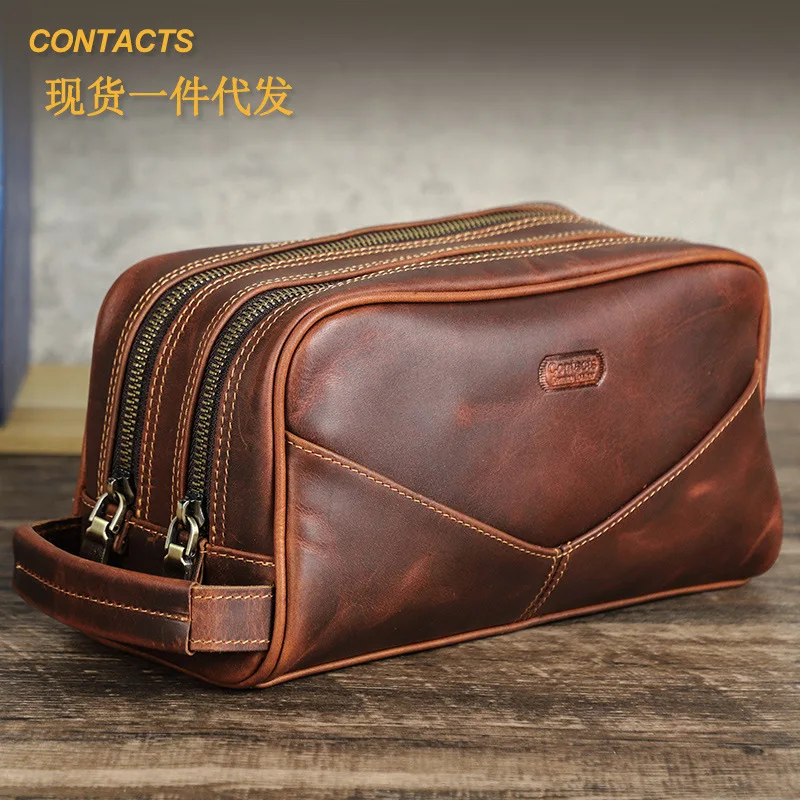 

HTS-MC1004 Casual Cowhide Handbag, Retro Crazy Horsehide Multifunctional Grooming and Storage Bag