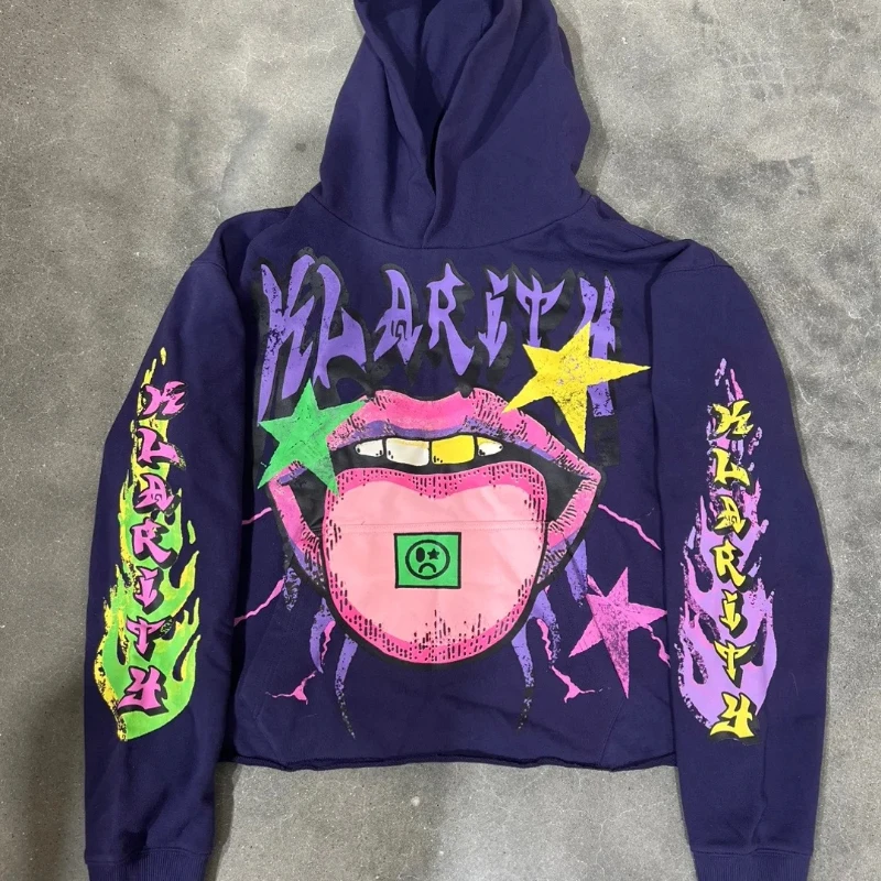 

Fashionable long sleeved pullover hoodie with large mouth letter print, casual loose street style hip-hop jacket, trendy high st