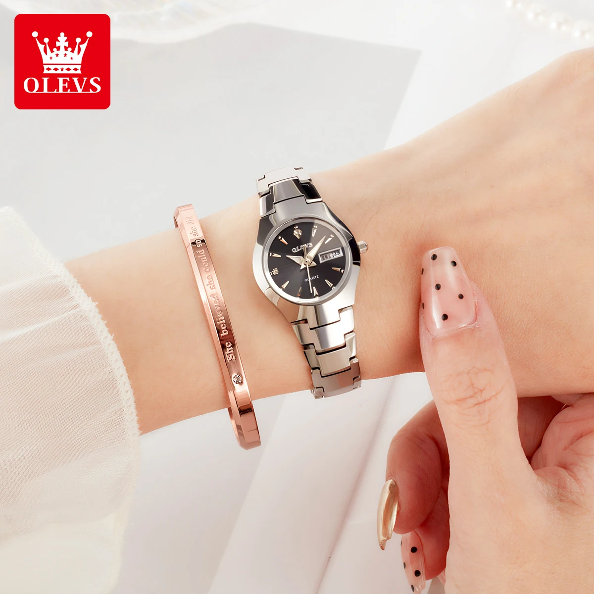 OLEVS 8697 Quarzuhr aus Wolframstahl für Damen, Kalender, Wochenanzeige, wasserdicht, klassisch, elegant, luxuriös, Damen-Armbanduhr