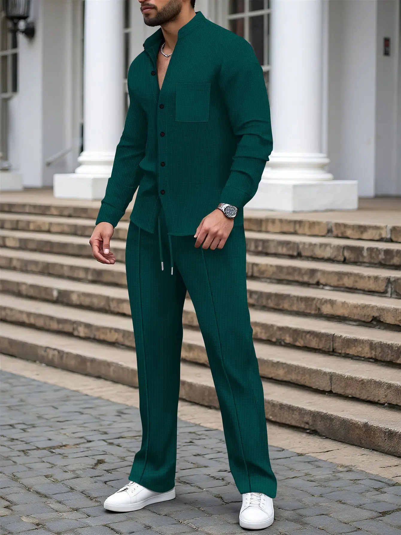 

Two Piece Sets Men Pant Set Stand Neck Full Sleeve Tops Plaid Straight Pants Lace Up Elastic Waist Y2k Work Casual 2026 Summer