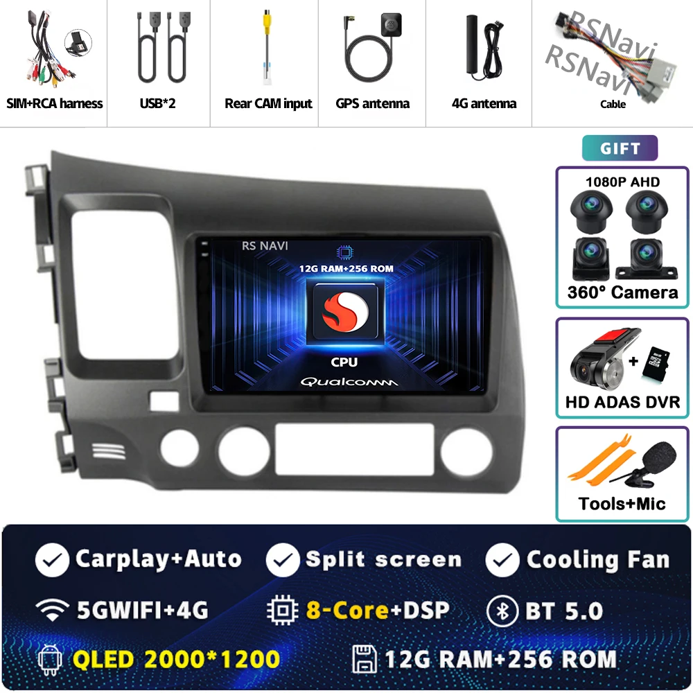 Android 15 Voor Honda Civic 8 FK FN FD 2005-2012 2K QLED Android Autoradio Multimedia Video speler GPS 4G CarPlay Stereo