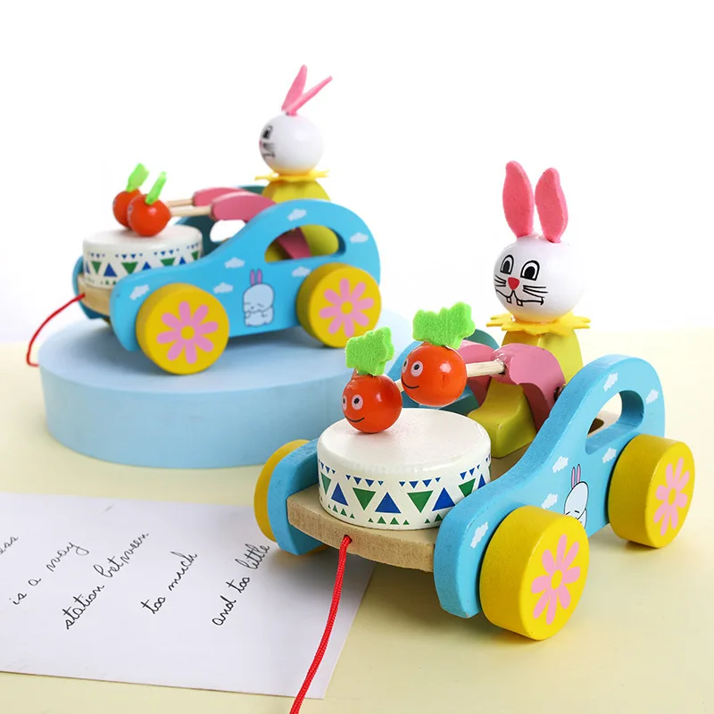 

Children's Small Carts, Babies Dragging, Walking Animals, Rabbits Playing Drums, Wooden Carts, Toys, 1-3 Years Old