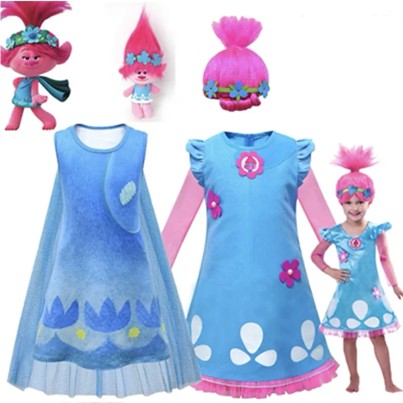 Trolls 2 Halloween Girls Trolls Costume Summer Princess Poppy Dress Kids Masquerade Dresses Carnival Cosplay Wigs for Children