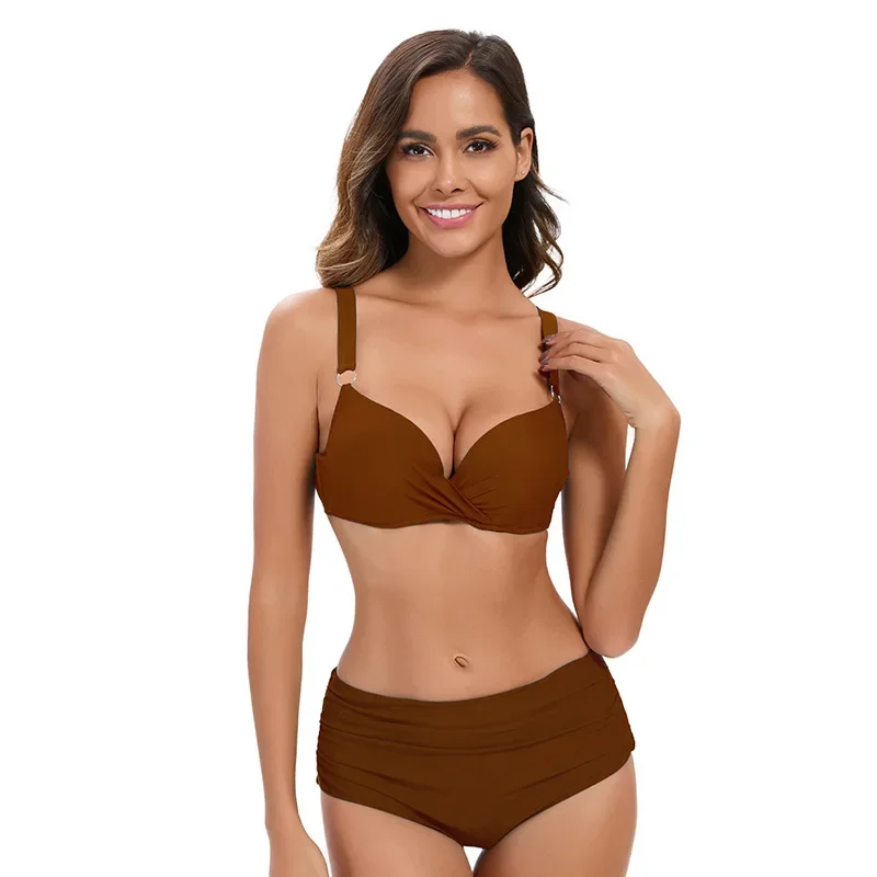 Nouveau Style femmes Sexy couleur unie taille haute Triangle Bikini avec froncé dos nu conception maillots de bain Bikinis ensembles