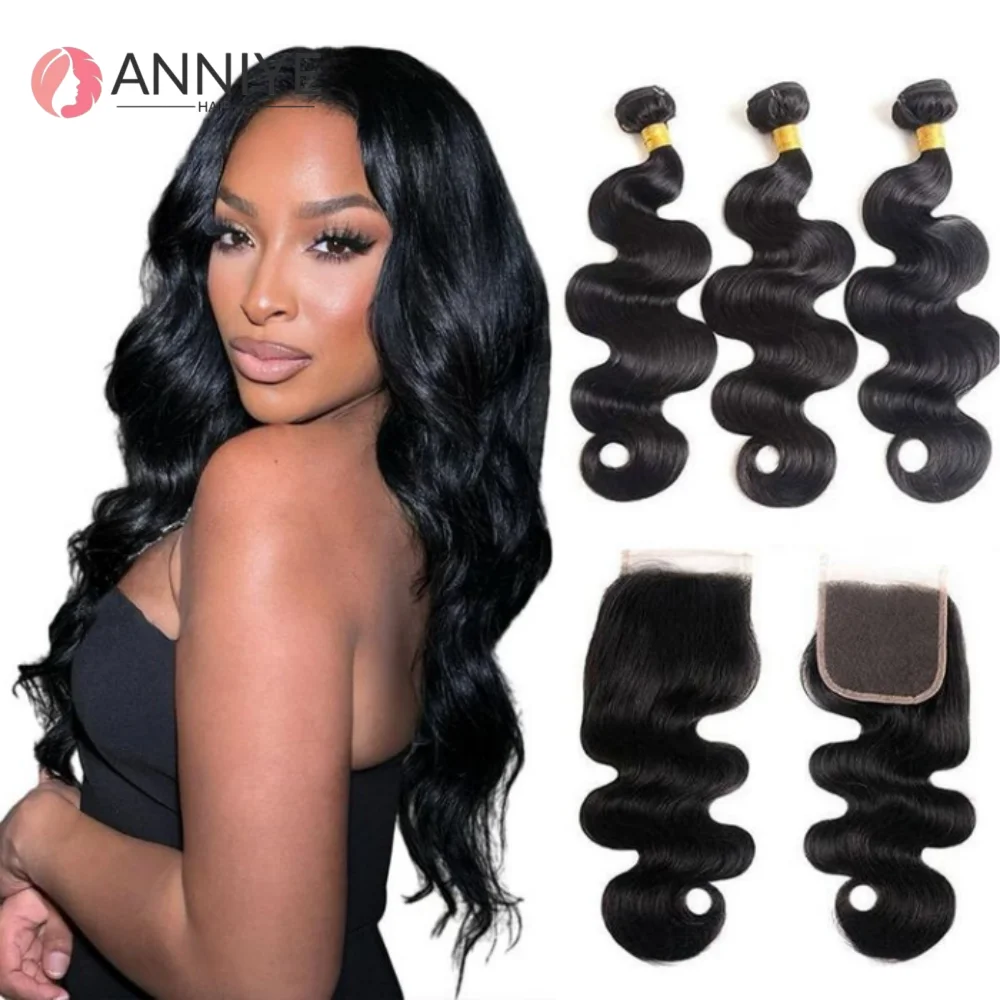 Raw Indian Body Wave 3 Bundles With 4x4 HD Lace Closure Frontal Human Hair Double Weft Natural Color Hair For Black Women ANNIYE