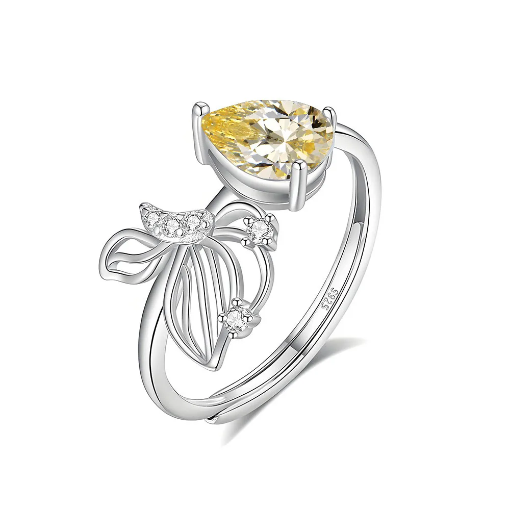 

New Butterfly Wings S925 Silver Ring Women's Water Drop Yellow Diamond Living Ring Temperament Simple Fashion Jewelry
