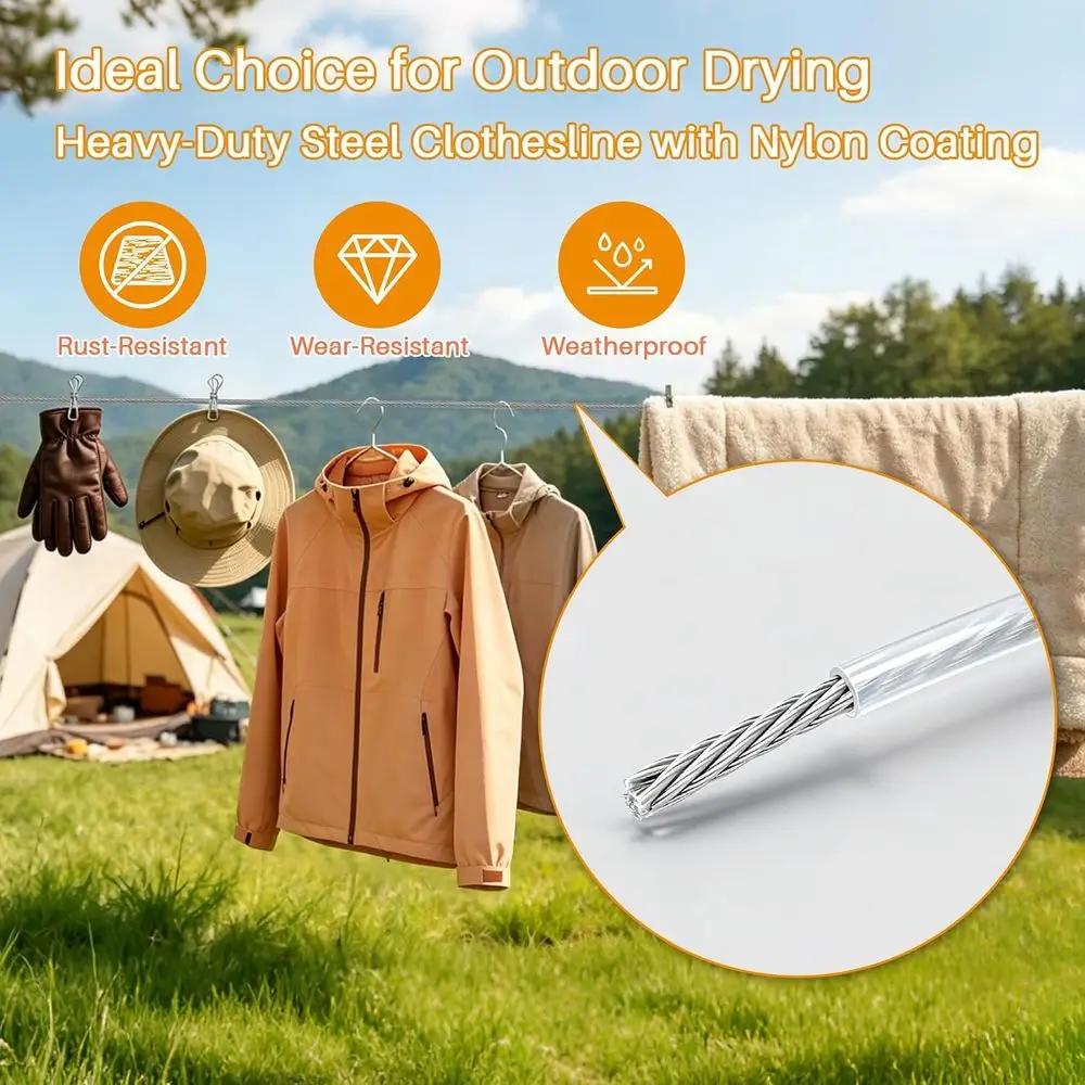 Portable 40ft Dual Pulley Outdoor Clothesline with Heavy-Duty Nylon Coated Wire Ropes for Travel, Camping, Backyard, and RV Use