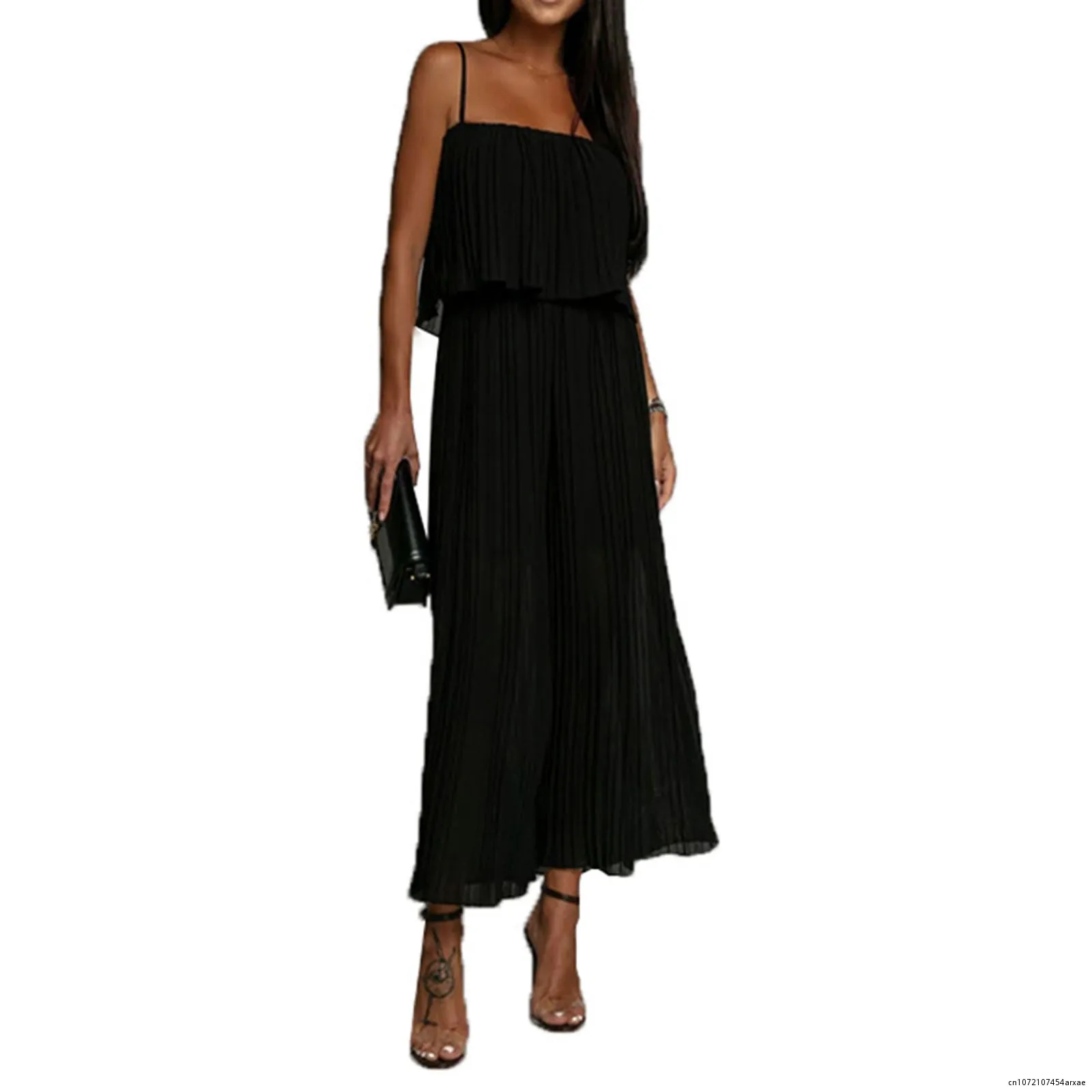 

2023 Summer Elegant Solid Ruffles Pleated Jumpsuits Fashion Pleated Sling Top-Layer Loose Long Romper Ladies Wide Leg Jumpsuits