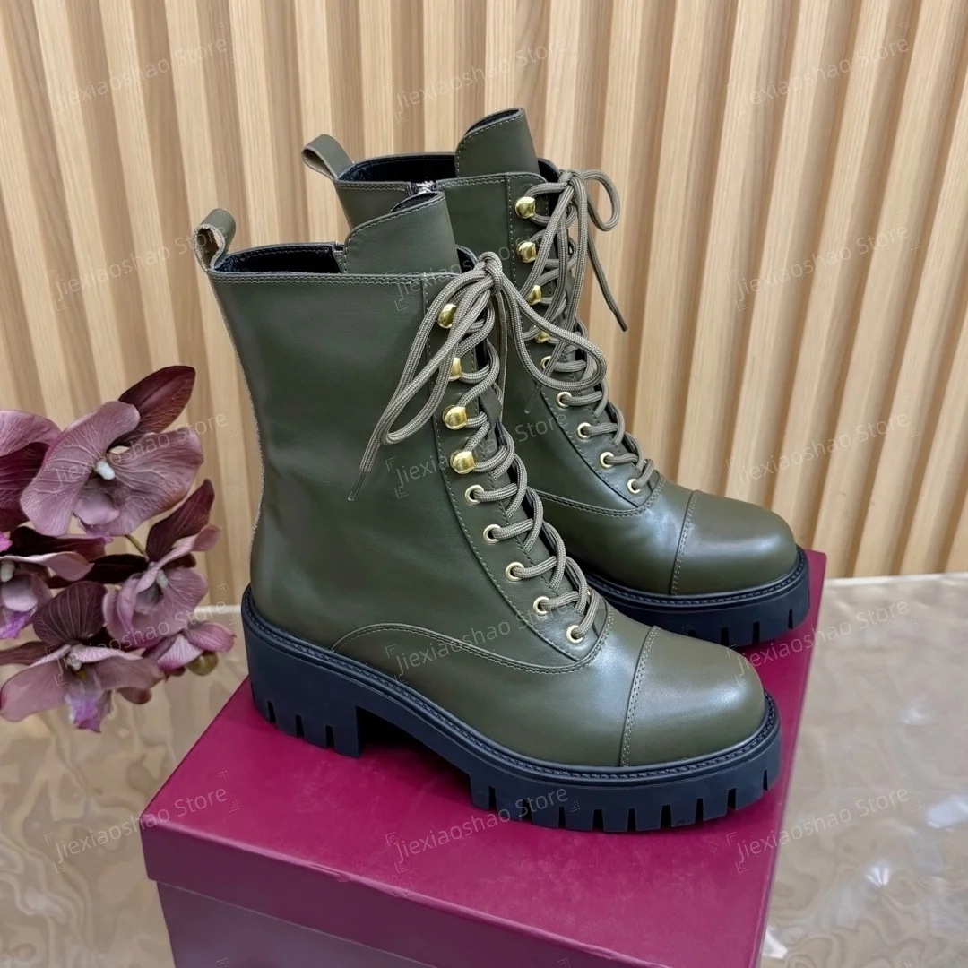 British Style Genuine Leather Round-toe Chunky Heel Lace-Up Ankle Boots Motorcyle Boots Chelsea Boots Handmade Zapatos De Mujer