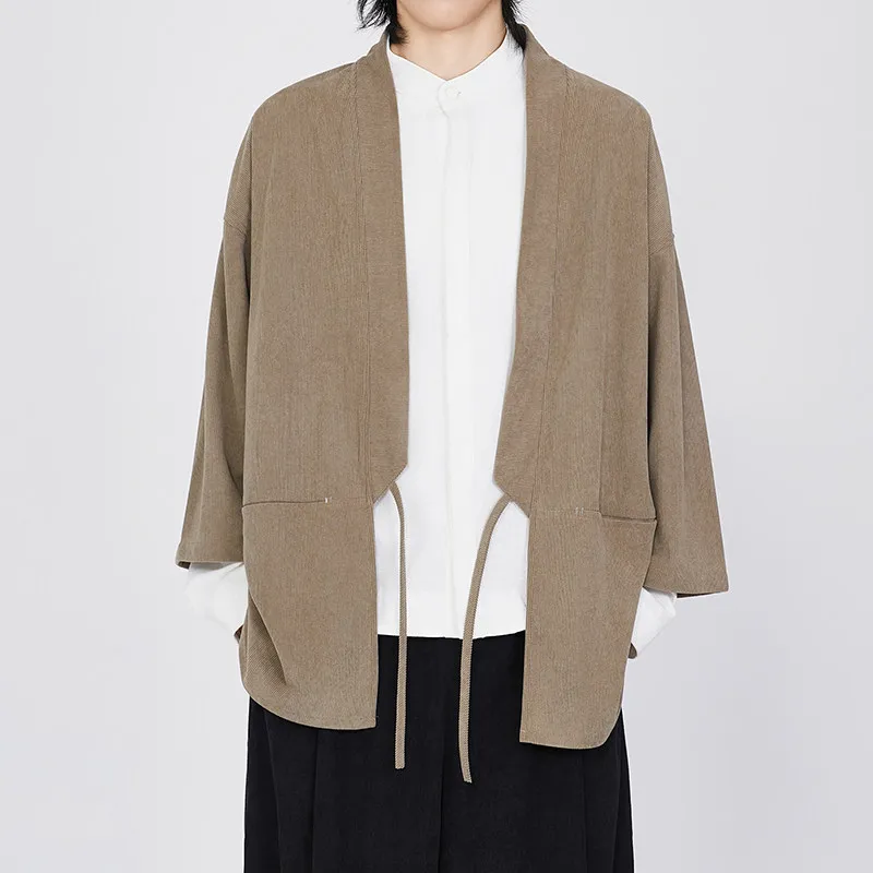 Men's Open‑Front Corduroy Kimono Jacket Chinese Style Long Sleeve Solid Color Oversized Loose Fit Casual Outerwear with Pockets