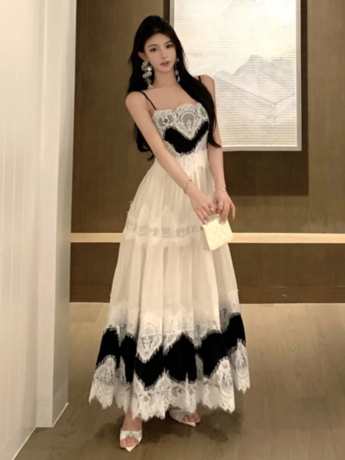 Francês retro renda emendada sem mangas camisola em camadas saias babados para mulher fino-ajuste estilo princesa grande balanço a linha vestido