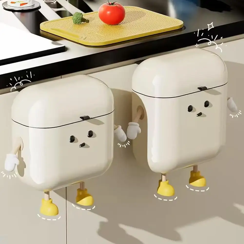 1pc Cute Cartoon Hanging Trash Can With Lid, Large Capacity, No-Drill Wall Mounted Waste Bin For Kitchen & Bathroom