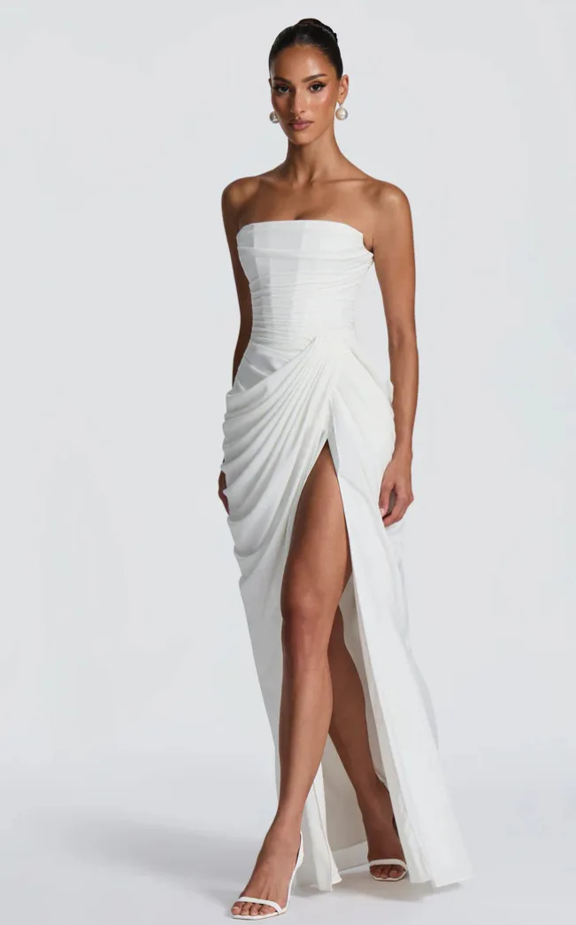 Mingmingxi Spring Summer Yellow Strapless Maxi Dress Ruched High Slit Evening Gown Bodycon Wedding Guest Party Dress Women