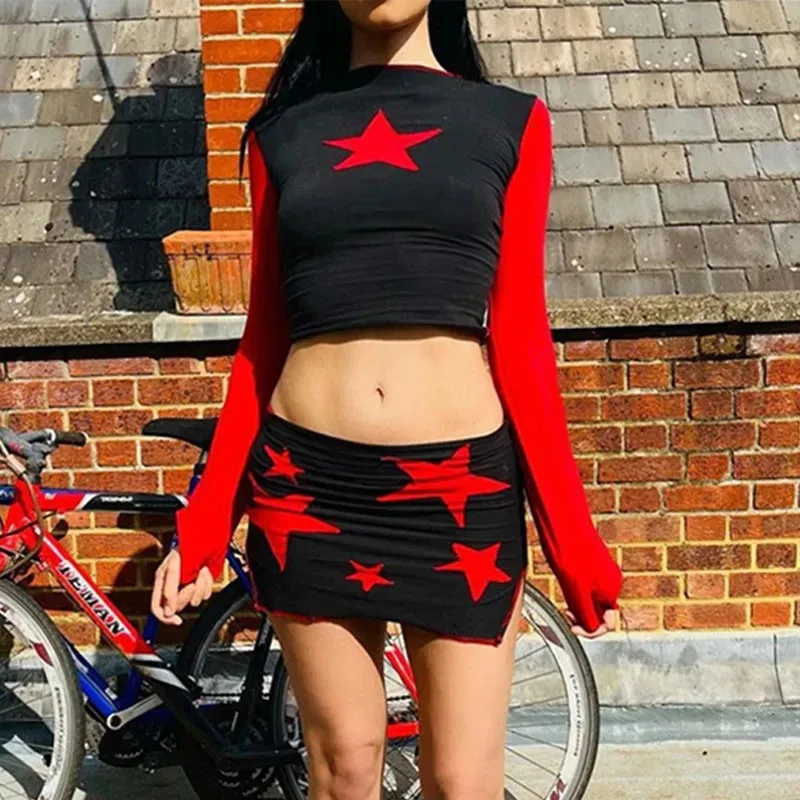 Y2K Spring New Spicy Girl Casual Long Sleeve Short Style Pentagram Printed Short Style Slimming T-shirt Women's Top - Image 5