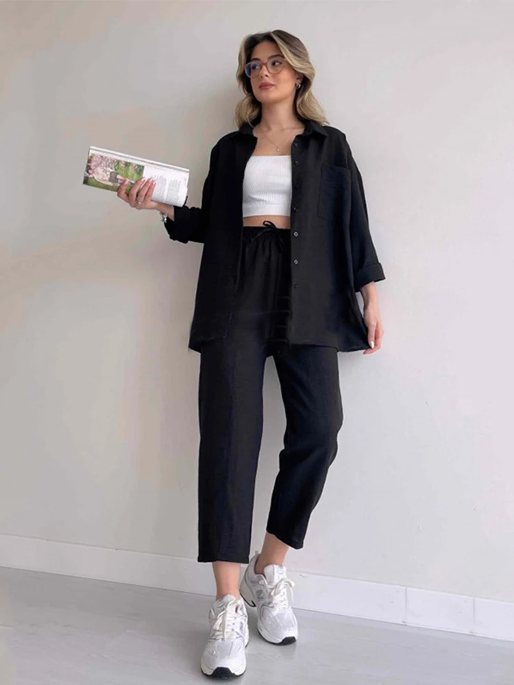 2023 Summer New Casual Fashion Two Piece Set Women Top and Pants Nine-pants and Shirts Female Suit Set of Pants and Blouse