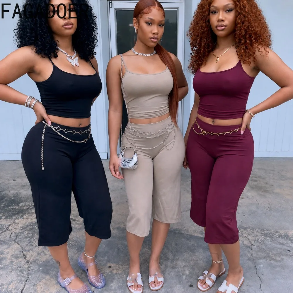 FAGADOER INS Trendy Women 2 Piece Set Spaghetti Strap Tank Top High Waist Capri Pants Bodycon Casual Sporty Streetwear Outfit - view 2