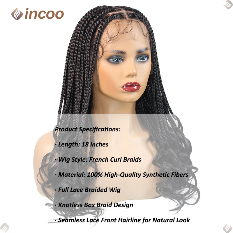 Wig kepang sintetis untuk wanita, Wig kepang keriting Perancis 18 "untuk wanita warna hitam, Wig kotak kepang, Wig renda penuh, kepang, Afrika