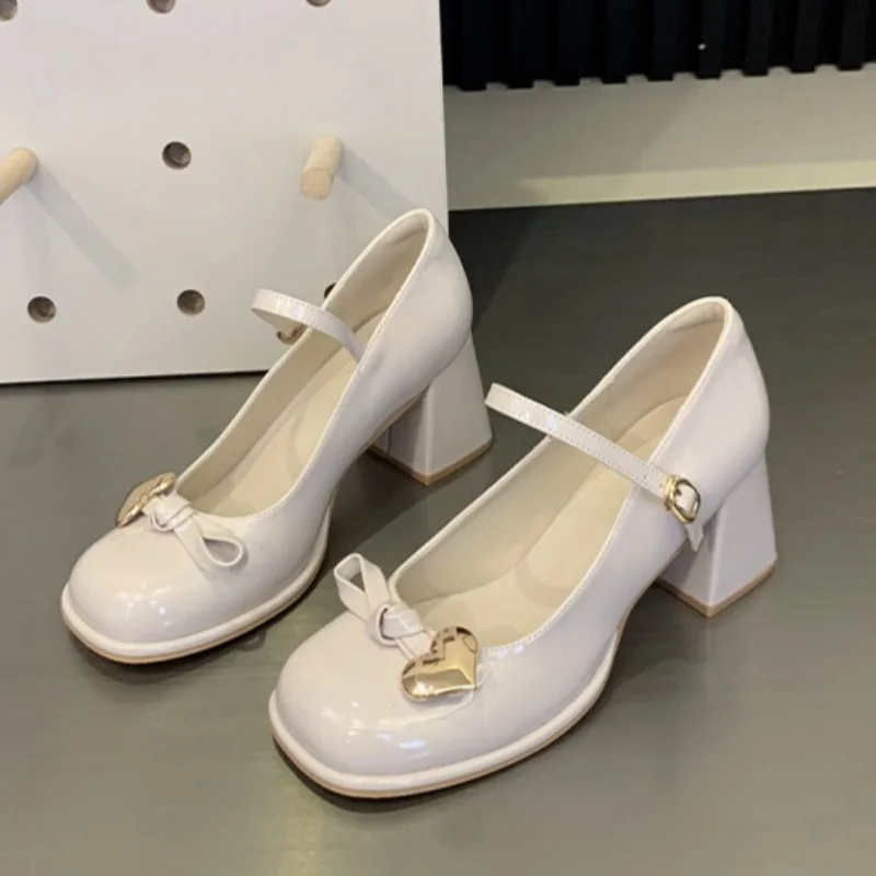 

New Women Mary Jane Shoes Sweet Round Head High Heels for Woman Fashion Patent Leather Casual Shoes Designer Shoes Zapatos Mujer