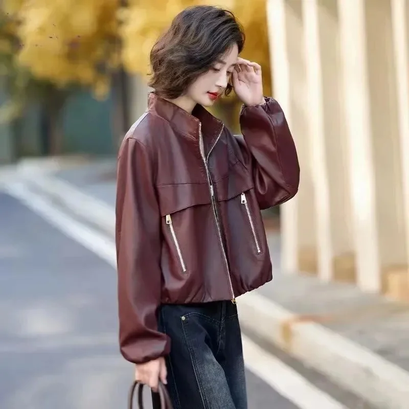 Ankela Red Heißer Verkauf Leder Jacke Frauen Frühling 2025, Neue Modische Lose Stehkragen Leder Mantel chaquetas de mujer