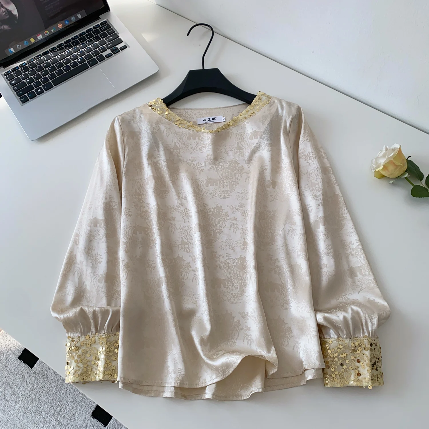 

Шикарная винтажная жаккардовая блузка с длинными рукавами и блестками, свободная корейская модная блузка, женская осенняя женская одежда