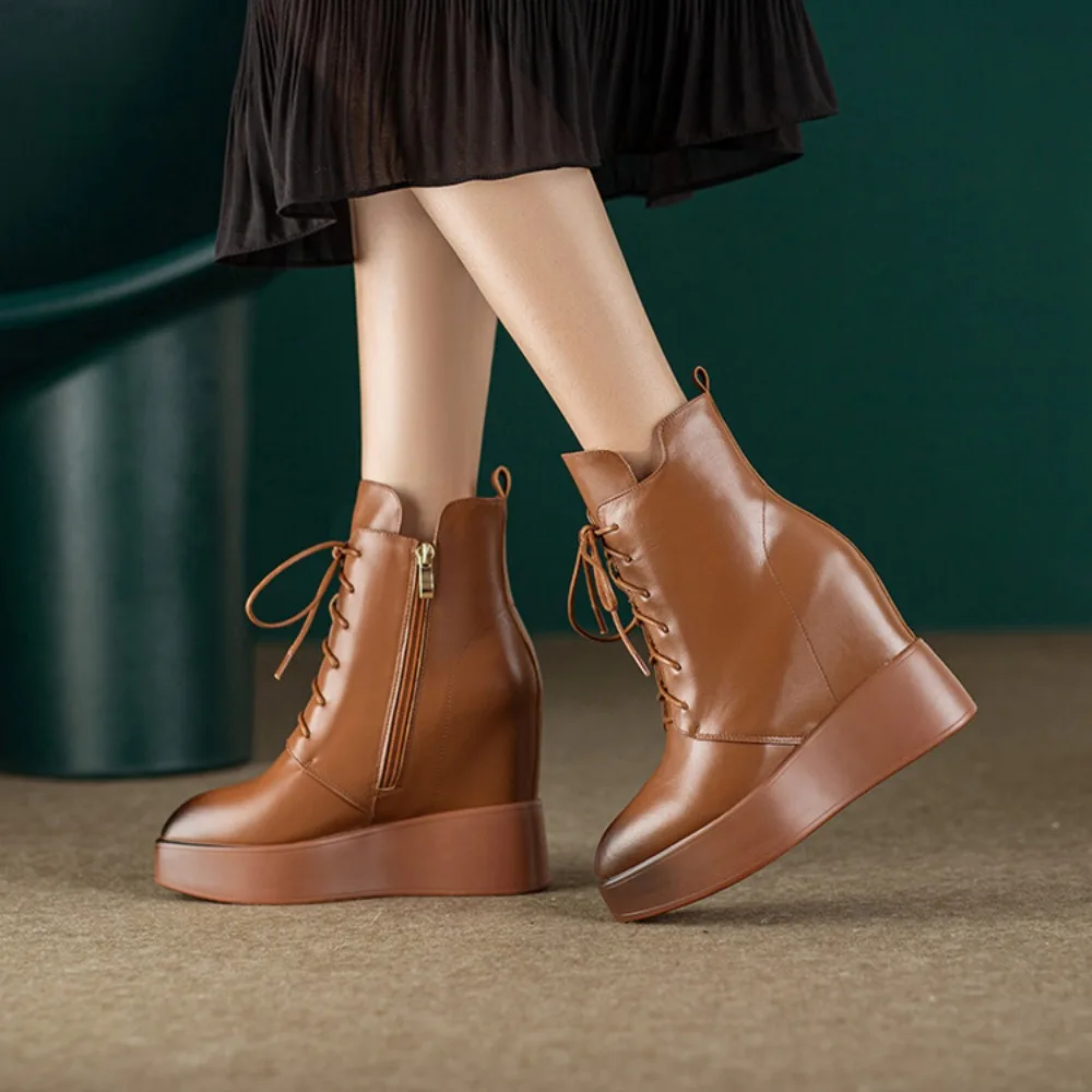 Cow Leather Platform Ankle Boots Ladies Fashion Wedges Shoes For Women Height Increasing High Heels Autumn Pumps Shoes Woman