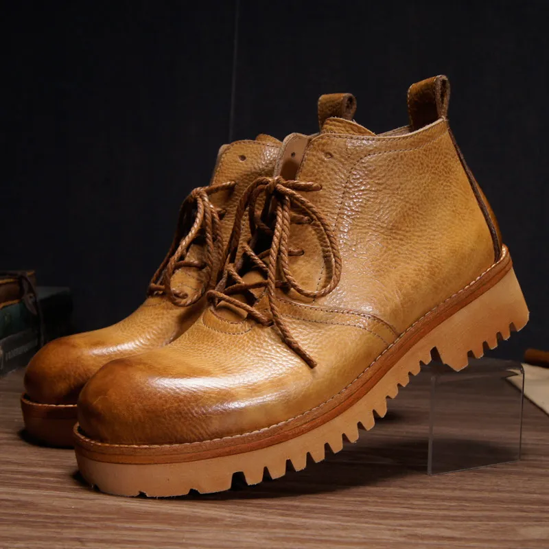 Handmade Retro Cowhide Thick Sole Leather Boots Men's Shoes  Outdoor Mid Top Lace Up Casual  Genuine Leather Male Work Boots