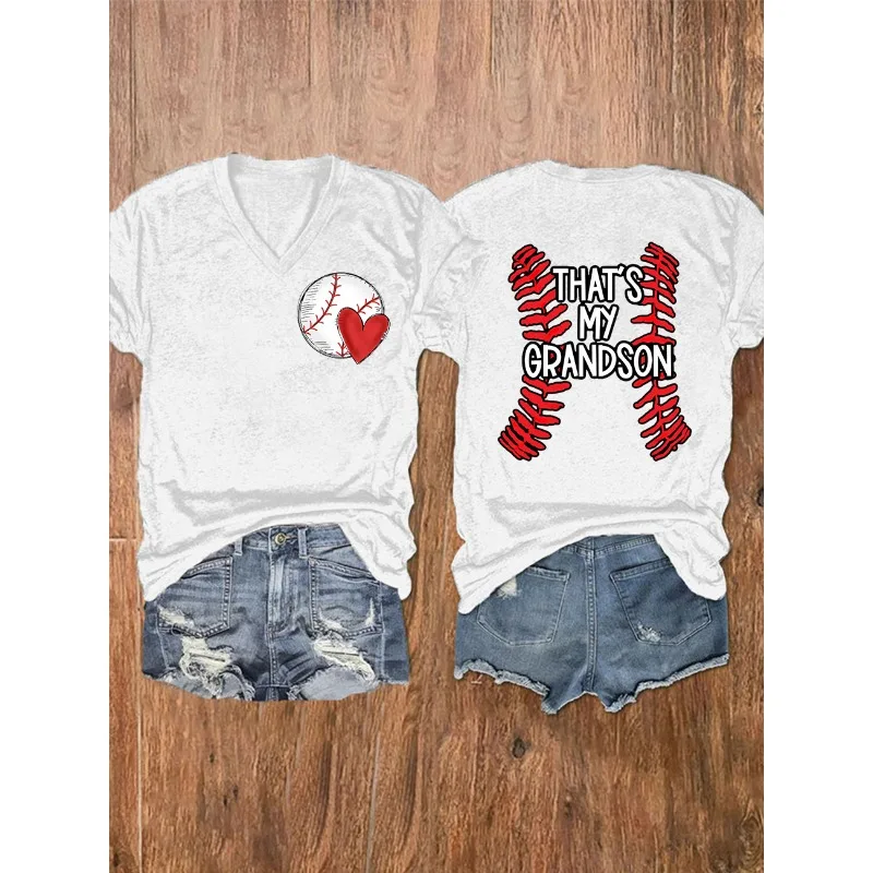 HOT Women's Baseball Print T-Shirts Summer V Neck Tops Short Sleeve Casual Tees