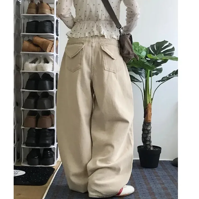 

High Waist Loose Jeans Heart Pocket Design Girl's Heart Exploding Casual Style Water Washed Cotton 100% Fabric for All Seasons