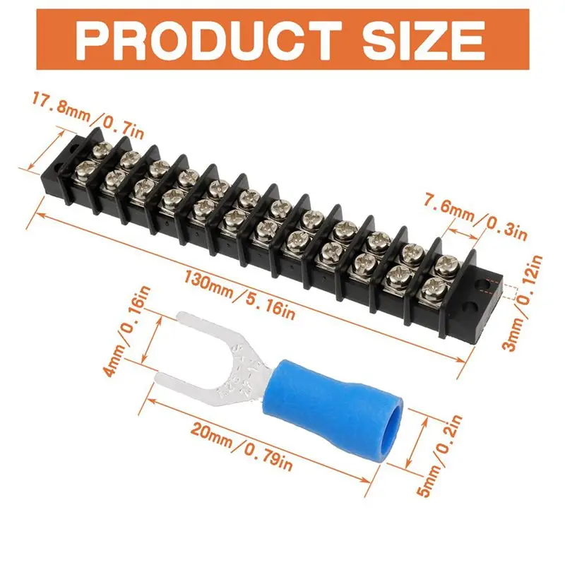 DT17 12 Positions Terminal Block, 12 Circuits Dual Row Screw Terminals Strip, 20-30A 200-450V, 4 Pack with 96PCS Fork Connectors