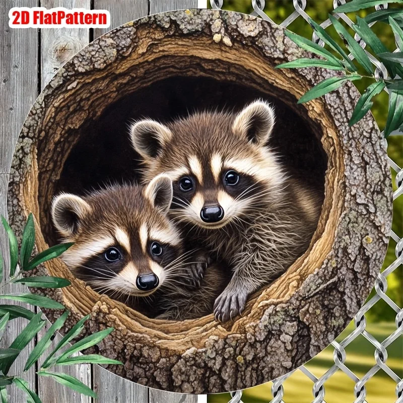 2D Flat - 1pc Vintage Raccoon Aluminum Wall Sign  Round Metal Garden Decor with 2D Flat Design, Drilled Hole for Easy Hanging