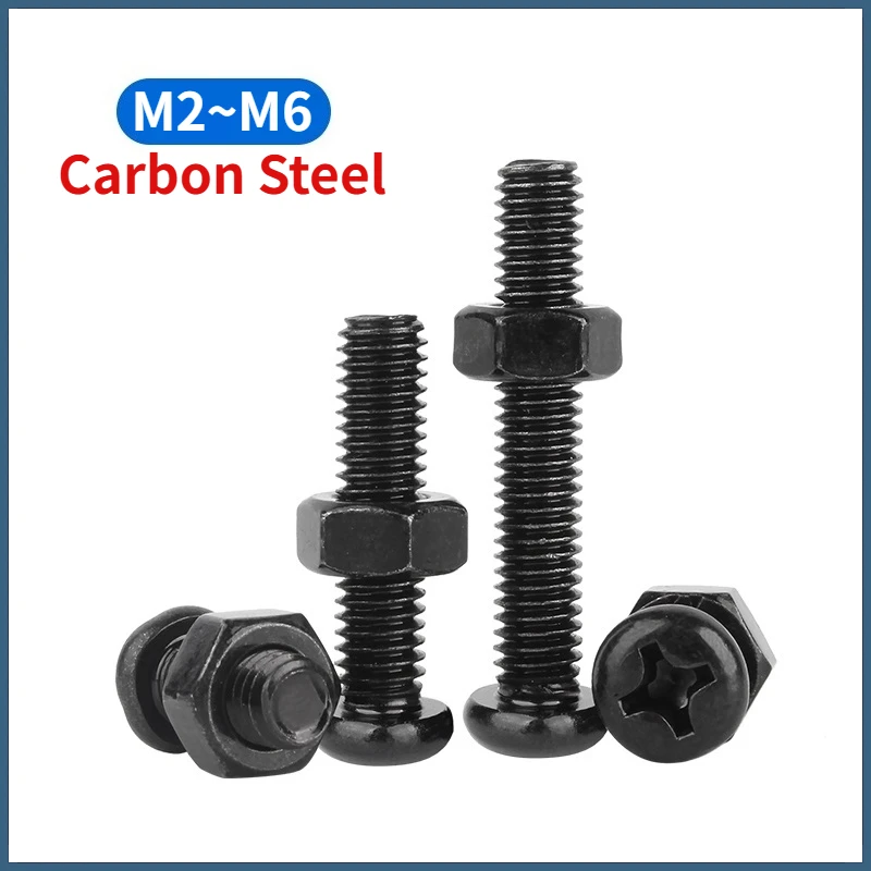 Black Carbon Steel Pozi Phillips Pan Bolts Round Head Machine Screws with Hexagon Full Nuts Set M2 M2.5 M3 M4 M5 M6