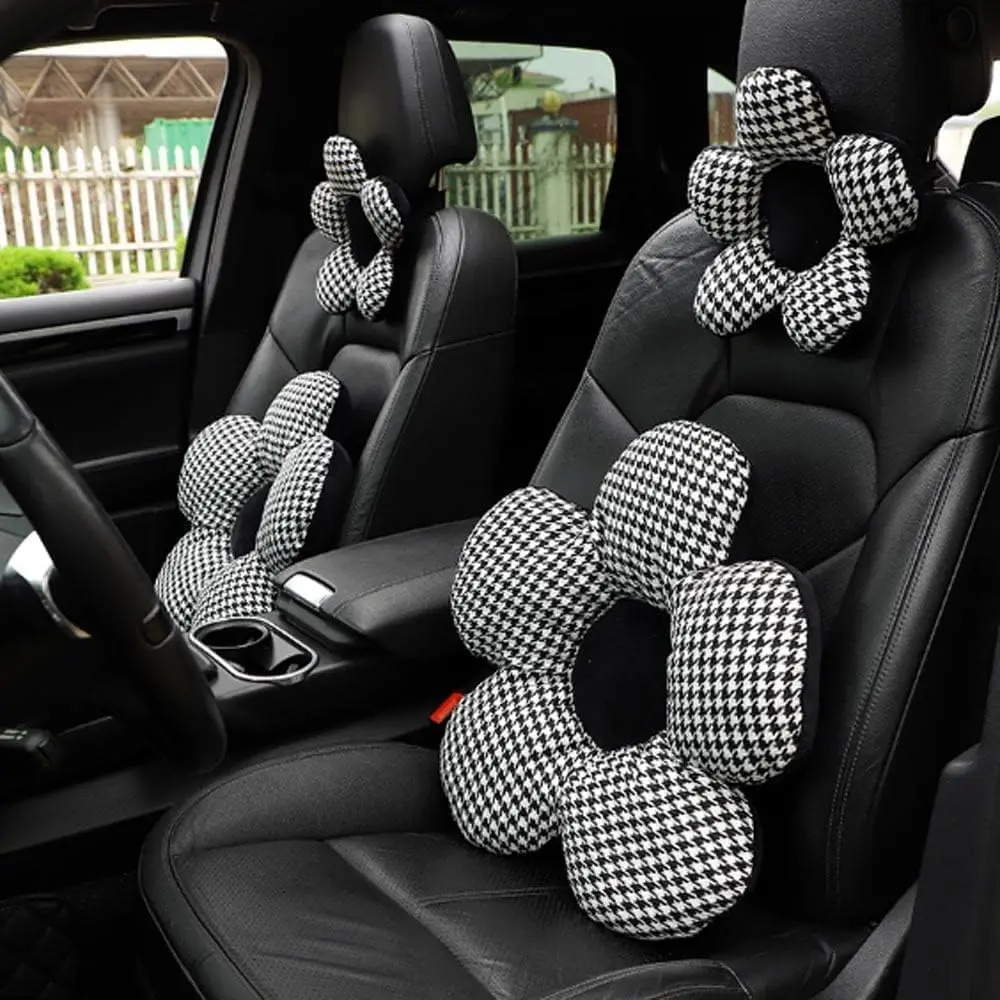 

1 pair Car seats: lumbar backrest, neck rest, flowers, houndstooth headrests, black