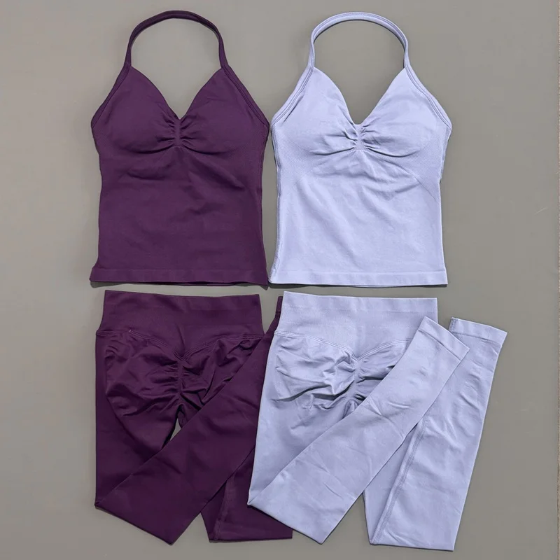 2 قطعة HISTELLO مجموعة رياضية النساء سلس عالية الخصر طماق الخطوط الطويلة Strappy أعلى تجريب الزي اللياقة البدنية أكتيفيوير رياضة ملابس رياضية لليوجا