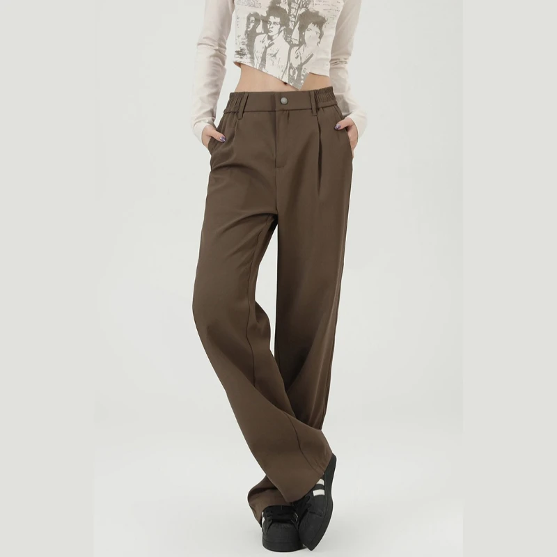 Women Fashion Suit Pants Lady Breathable Baggy High Waist Wide Leg Autumn Trousers Woman Straight Leg Black Coffee Classic Pants