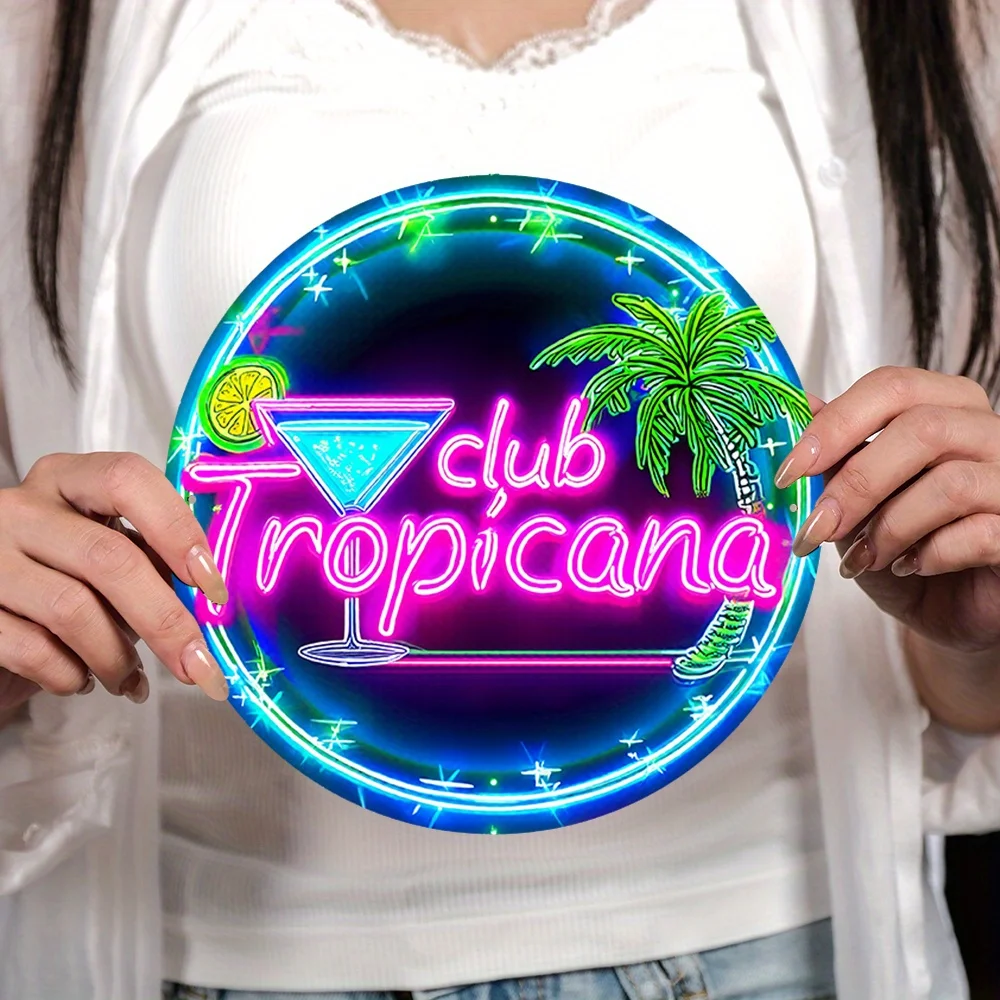 2D Flat, 1pc Neon Tropicana Club Metal Wall Sign - 7.87inch Round Retro 80s Glow Bar Decor with Palm Tree & Art, Durable Waterpr