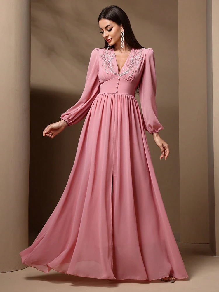 TOLEEN-vestidos hasta el suelo para mujer, moda de estilo industrial pesado, bengalas bordadas, vestido acampanado de gasa, vestido de dama de honor de boda