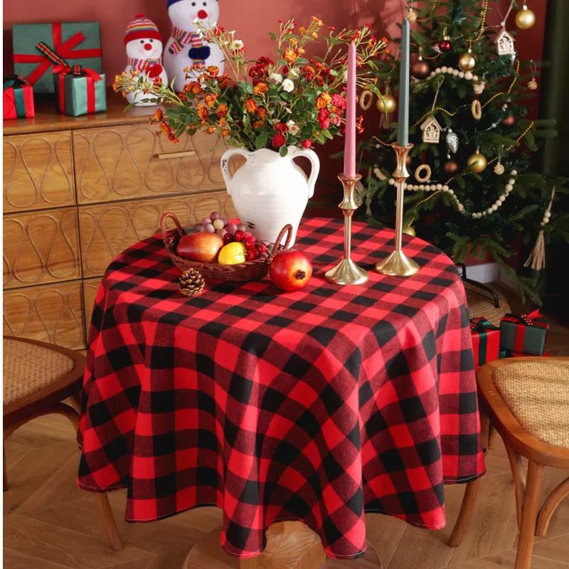 

Christmas Tablecloth Round Red Green Buffalo Plaid Tablecloth Dust-Proof Rustic Christmas Checkered Table Cloth for Party Dinner
