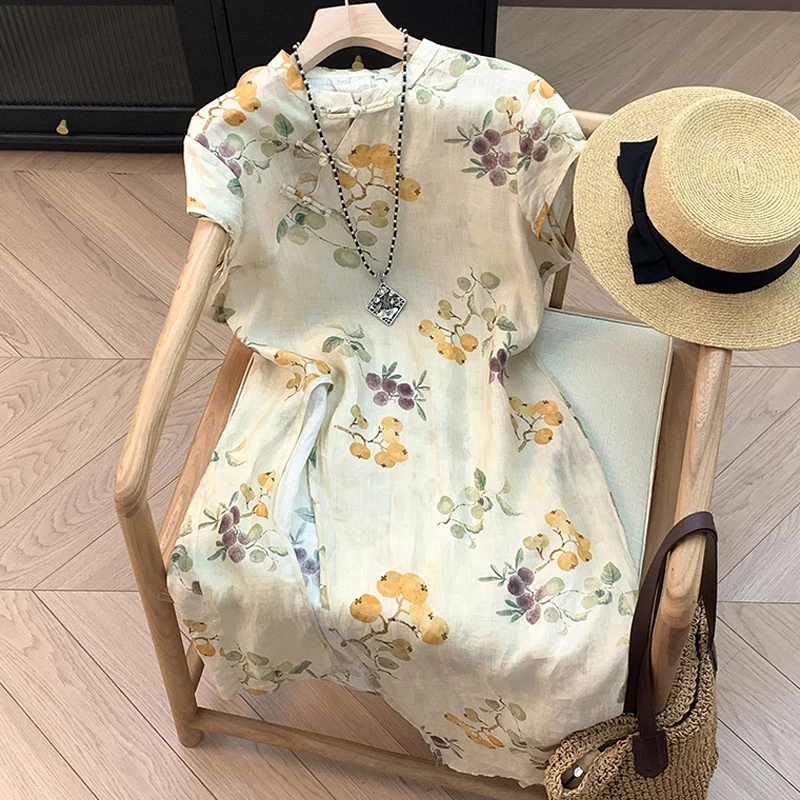 Novo sle chinês ort sve irt camiseta feminina de comprimento médio com estampa de flor de ameixa verão frente aberta bule top algodão linho...