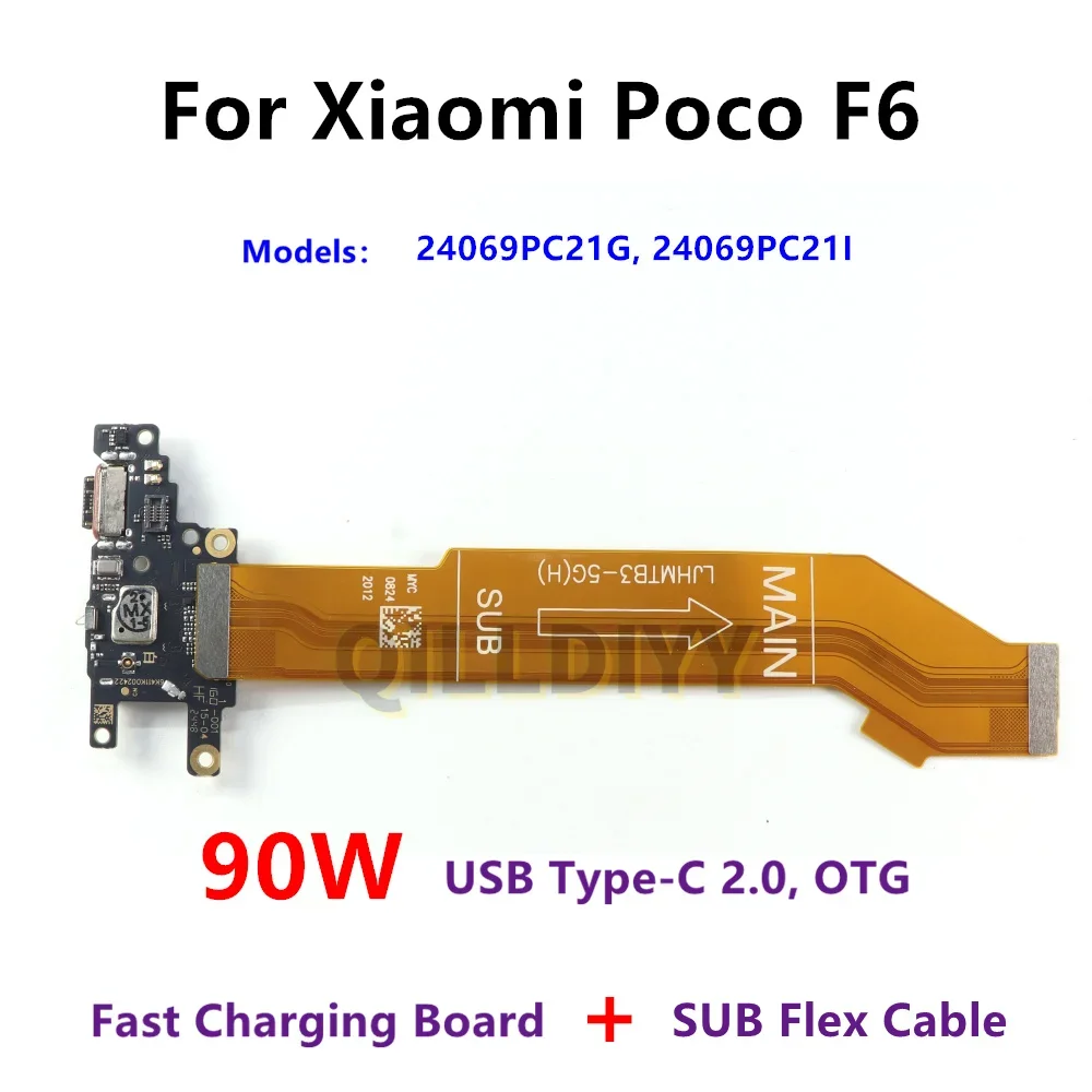 Puerto de carga rápida USB para Xiaomi Poco F6, placa base, lector SIM, ranura para tarjeta, placa base principal, piezas de reparación de Cable SUB Flex