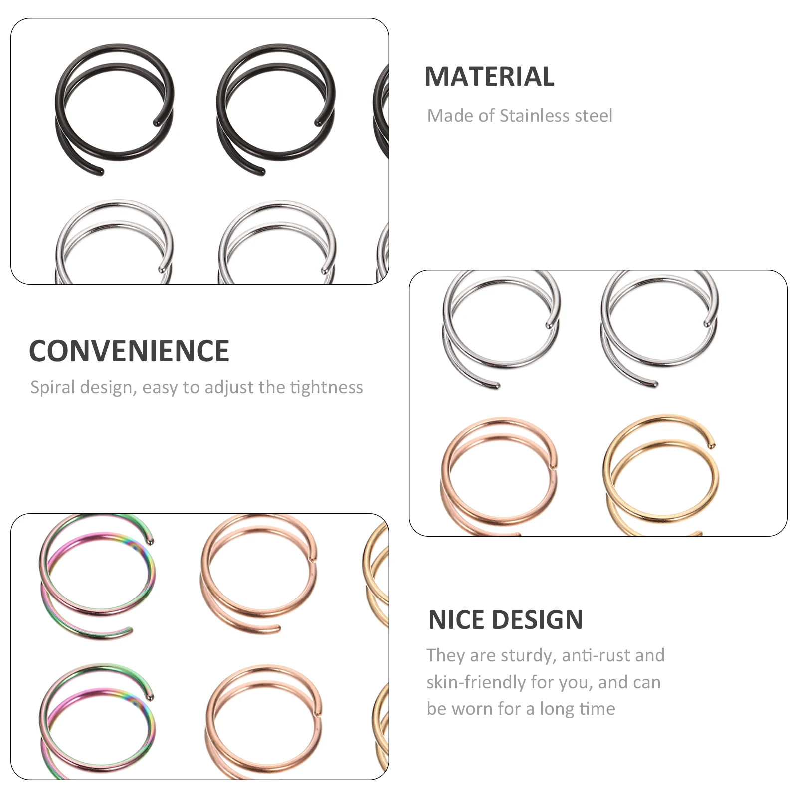 

12pcs Spiral Nose Rings Lightweight Adjustable Anti-Rust Sturdy Skin-Friendly Nostril Piercing Jewelry Hoops Decorative For