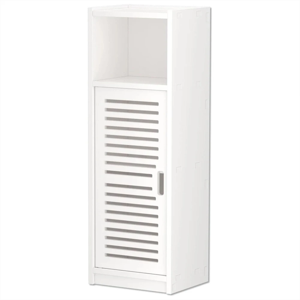 Weißer wasserdichter Badezimmerschrank, 80 cm hoch, schmaler, schlanker, freistehender Schrank mit Lamellentür, offenes Regal, Badezimmer-Organizer, Schrank für Toilette, Küche, Aufbewahrungsmöbel für