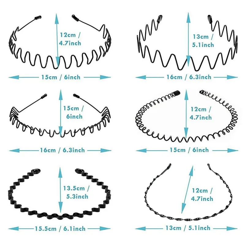 6pcs/Set Unisex Metal Headbands Wavy Hairband Hair Hoop Women Men Sport Fashion Hair Band Black Non Slip Simple Hair Accessories