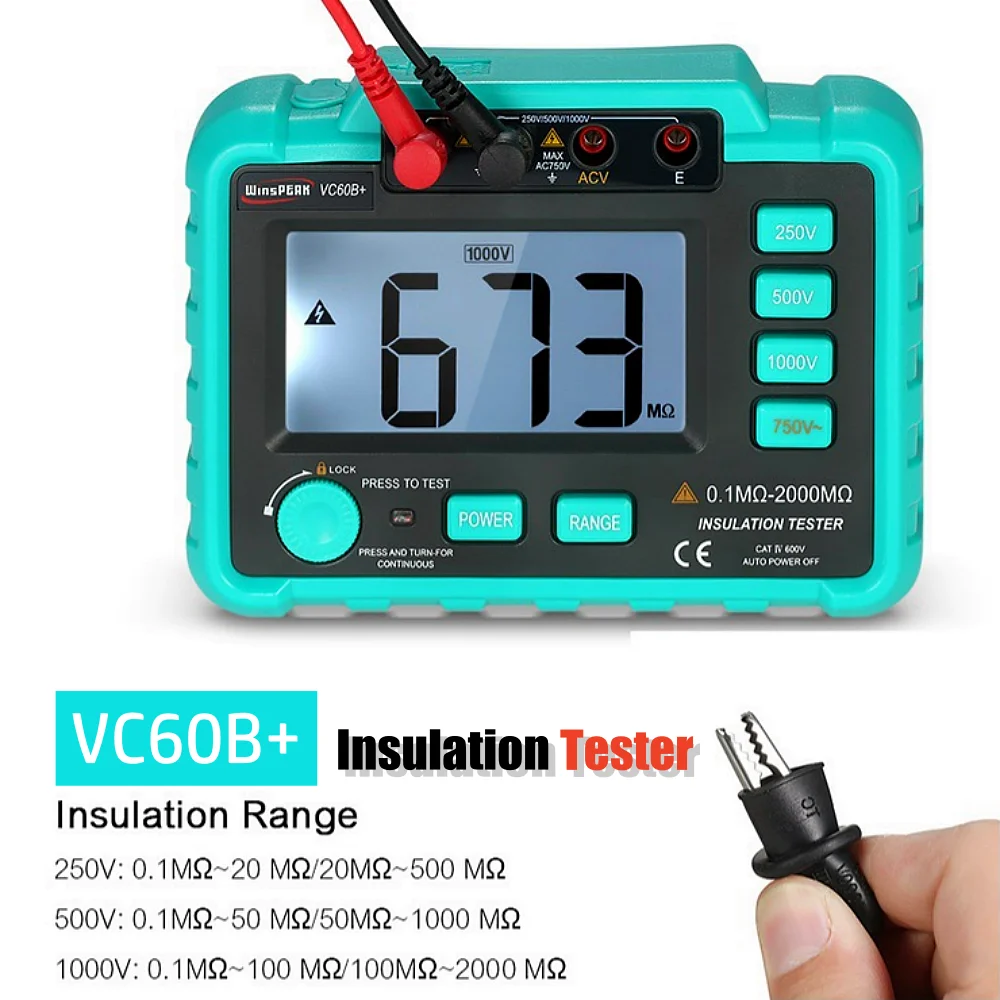 VC60B+ Digital Megohmmeter 250V/500V/1000V High Voltage Insulation Tester with Short Circuit Input Alarm 0.1MΩ to 2000MΩ Range