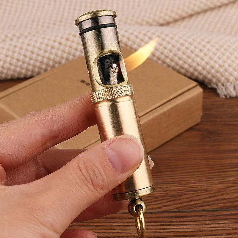 Creative Pure Copper Push Pull Retro Kerosene Lighter Outdoor Waterproof Portable Side Sliding Igniter Smoking Accessories Gifts