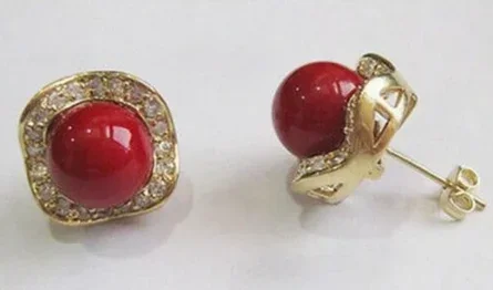 

Genuine 10mm Red South Sea Shell Pearl& Crystal 14k Gold Plated Stud Earrings