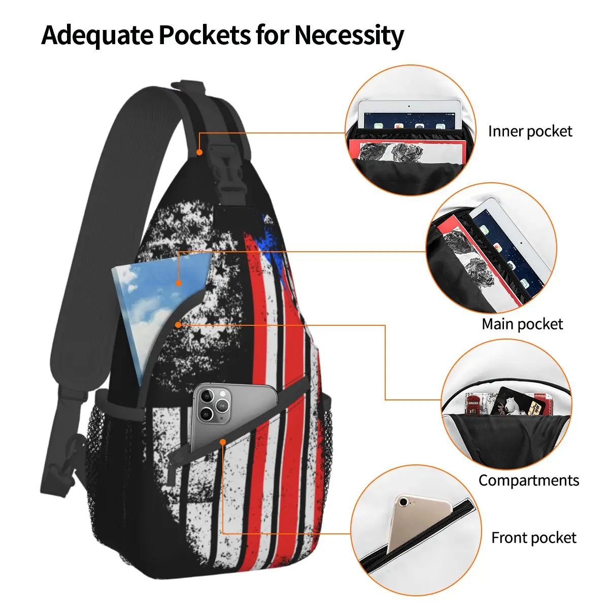 Puerto Rico State Flag Crossbody Sling Bags Casual Chest Bag USA Vintage Shoulder Backpack Daypack for Hiking Outdoor Biking Bag