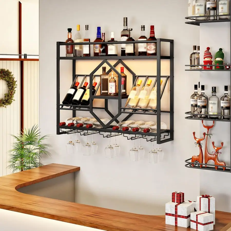 Wandmontiertes Weinregal mit LED-Beleuchtung, 31,5 Zoll Weinfachregal, 3-stufiges Weinflaschen-Präsentationsregal mit Glashalter, Hängendes Bar-Likörregal